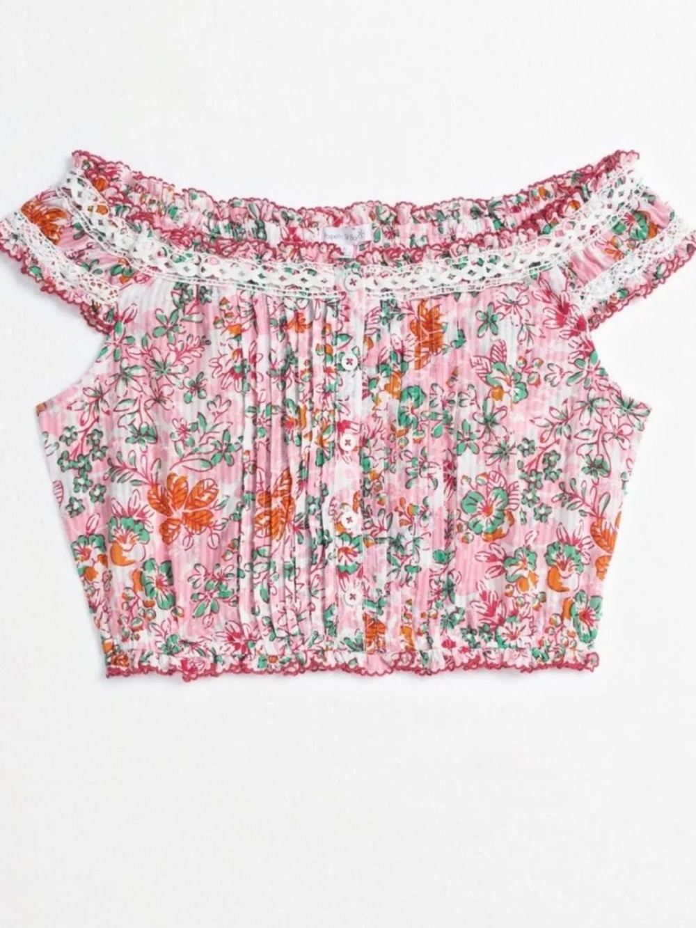 Poupette St Barth Off-Shoulder Pink Crop Top with Lace Trim (Girls)